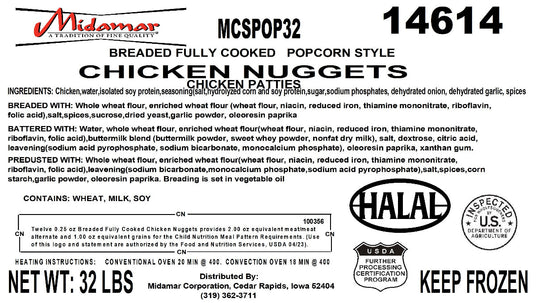Label for Midamar chicken nuggets packaging with text and logos.