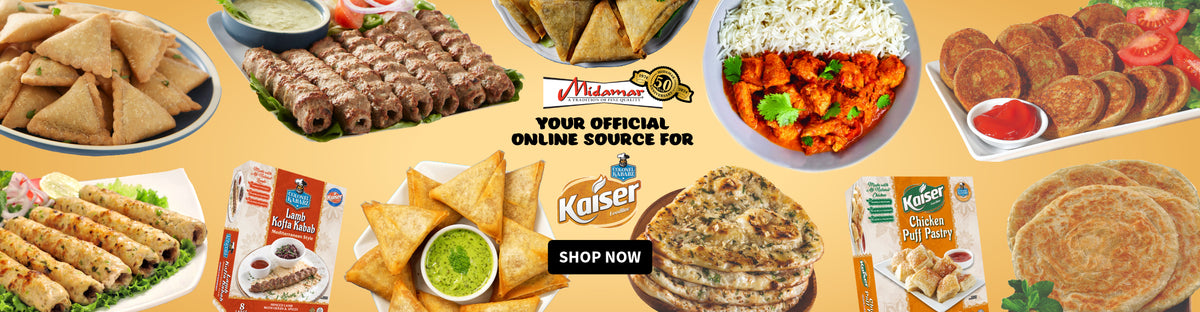 Midamar your official online source for Kaiser foodline. Various boxes of Kaiser products on the outside edge including beef kababs, keema paratha, garlic naan, chapli kababs, mini samosas, chicken samosas, and butter chicken.
