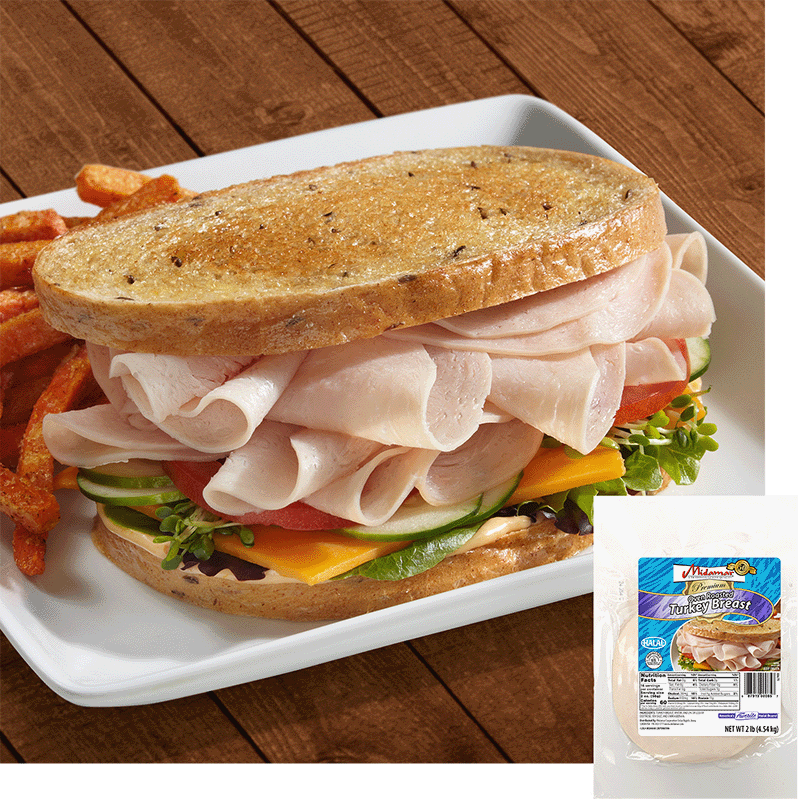 A turkey breast sandwich with cheese, cucumbers, tomato and leafy greens with potato frys on a white plate. A package of Midamar Turkey Breast is overlaid in the bottom right corner.