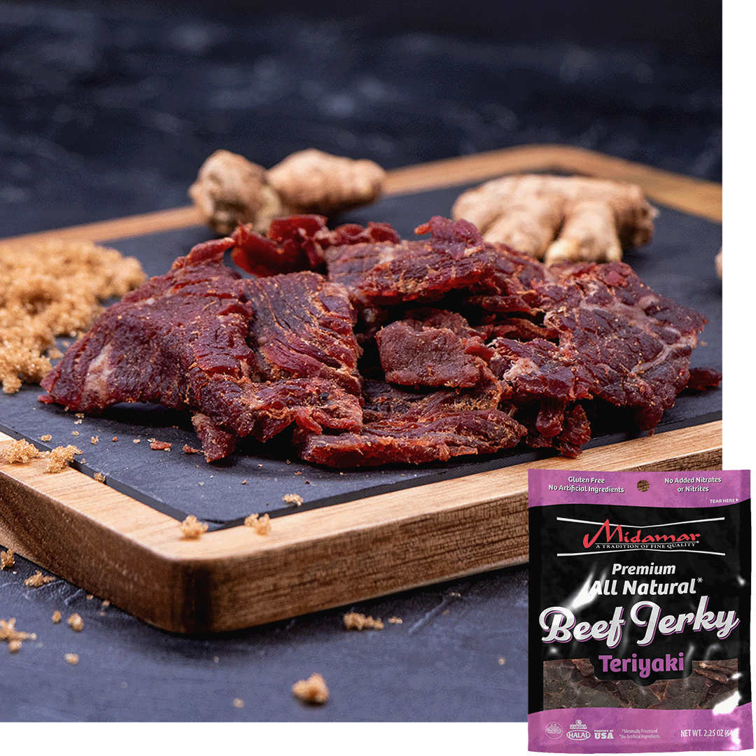 Midamar Halal Beef jerky Teriyaki pieces sit in a pile on a cutting board, brown sugar is sprinkled around and ginger is visible in the background. Overlaid is a picture of the bag.