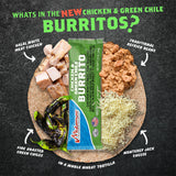A food product presentation for Midamar's Chicken & Green Chile Burrito. The burrito is served on a whole wheat tortilla with sliced halal white meat chicken, traditional refried beans, shredded Monterey Jack cheese, and fire roasted green chiles, with the green and blue Midamar's burrito packet centered.