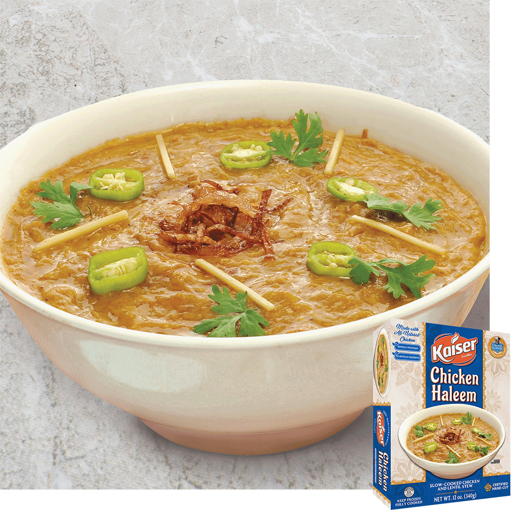 A white bowl filled with chicken Haleem with cilantro, sliced jalapeños, and fried onion on top. A package of Kaiser Chicken Haleem is overlaid in the bottom right corner.