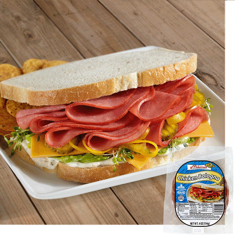 A chicken bologna sandwich on white bread. The chicken bologna is piled high on a bed of American cheese, alfalfa sprouts, lettuce, and a white condiment. At the back of the plate is a small pile of chips. A package of Midamar Chicken Bologna is overlaid in the bottom right corner. 