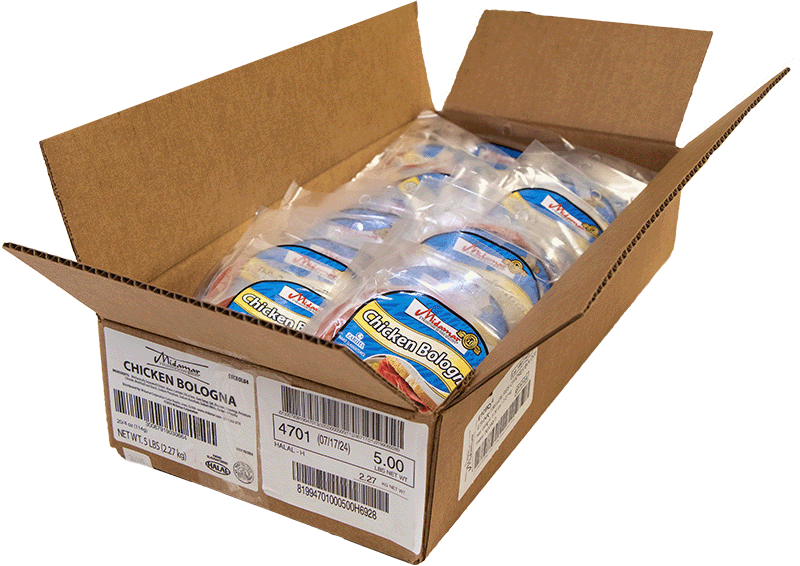A case of Midamar Chicken Bologna. 