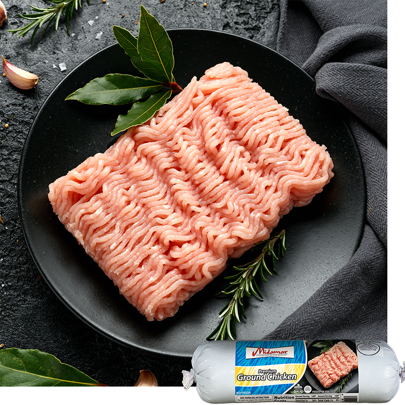 Ground chicken on a black plate with herbs, branded packaging in the corner.
