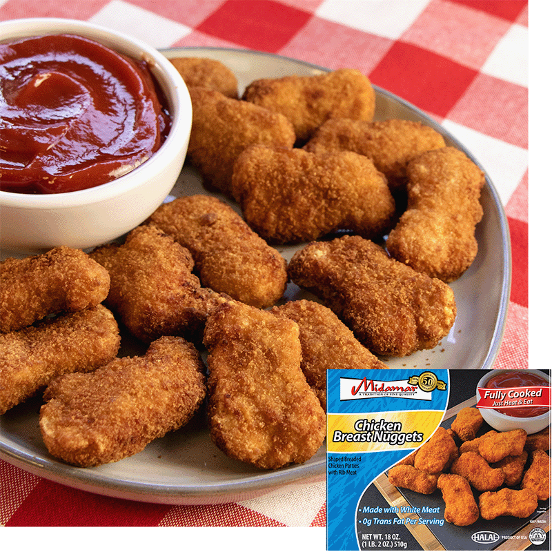 A plate of chicken nuggets stacked on a plate, a bowl of ketchup rests is on the plate to the left. A red checked cloth is under the plate. In the bottom right corner is an image of the product package