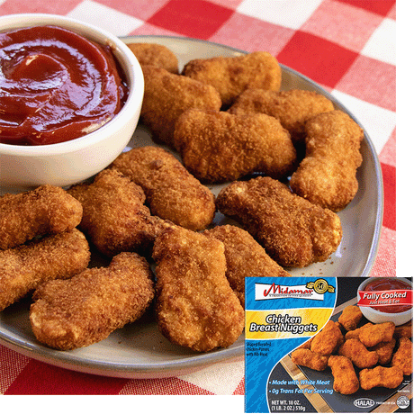 A plate of chicken nuggets stacked on a plate, a bowl of ketchup rests is on the plate to the left. A red checked cloth is under the plate. In the bottom right corner is an image of the product package