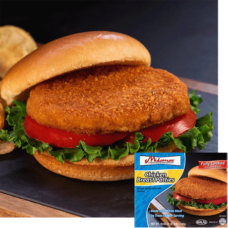A Halal chicken patty on a bun with tomato and lettuce on a black cutting board. A package of Midamar Chicken Breast Patties is overlaid in the bottom right corner.