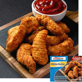 A pile of Halal Chicken tenders on a wooden cutting board a bowl of ketchup is above them. A package of Midamar Chicken Tenders is overlaid in the bottom right.