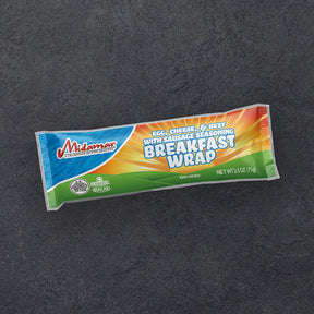 A package of a Midamar breakfast wrap with egg cheese beef with sausage seasoning. 