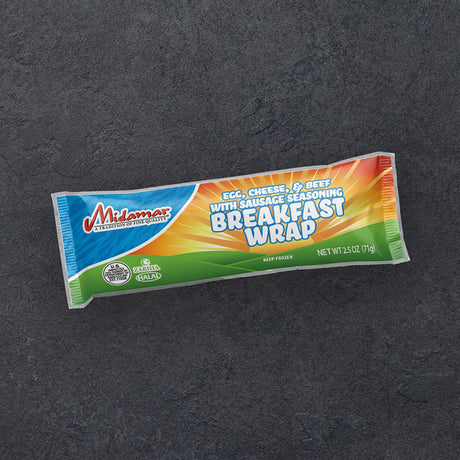 A package of a Midamar breakfast wrap with egg cheese beef with sausage seasoning. 