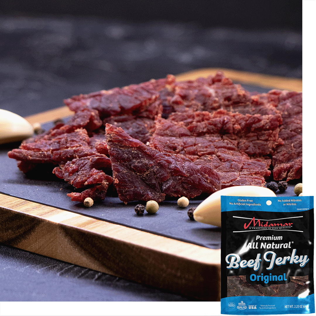 Midamar Halal Beef Jerky Original pieces are laid out on a cutting board and in front of them are whole peppercorns and a clove of garlic. Overlaid is a picture of the Beef jerky bag