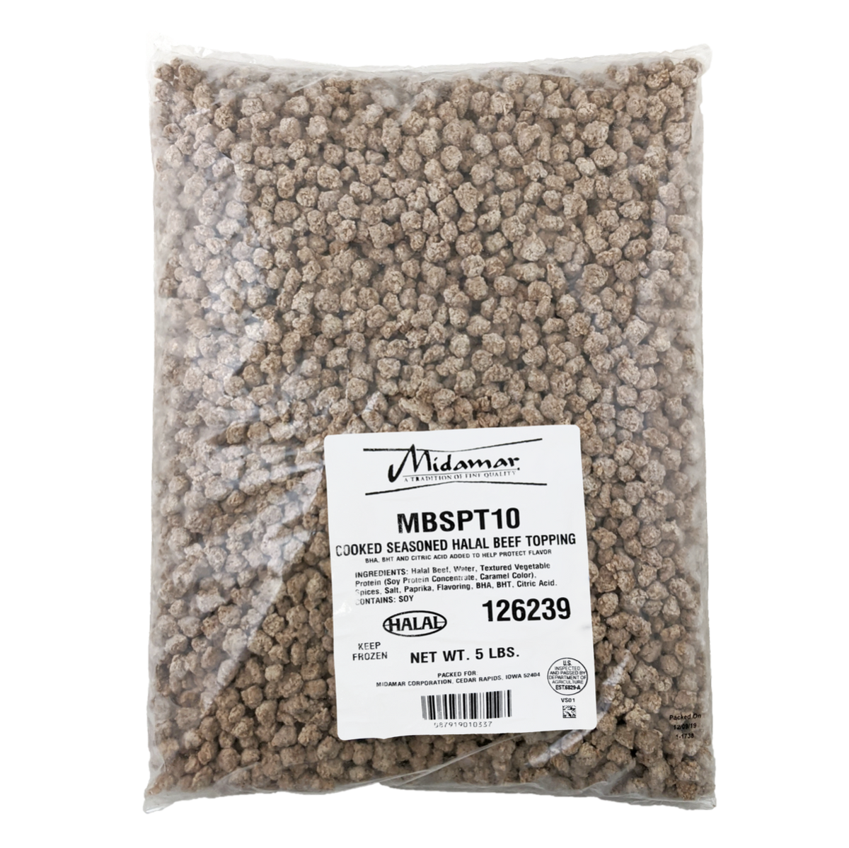 Midamar Halal Seasoned Beef Pizza Topping in clear bag