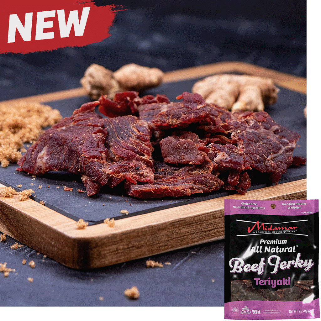 Midamar Halal Beef jerky Teriyaki pieces sit in a pile on a cutting board, brown sugar is sprinkled around and ginger is visible in the background. Overlaid is a picture of the bag.